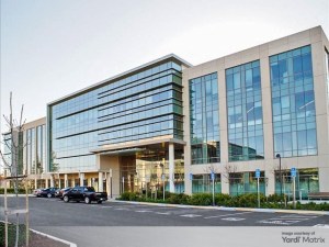 Exterior shot of Building A at The Camps at Scott, an office building in Santa Clara, Calif.