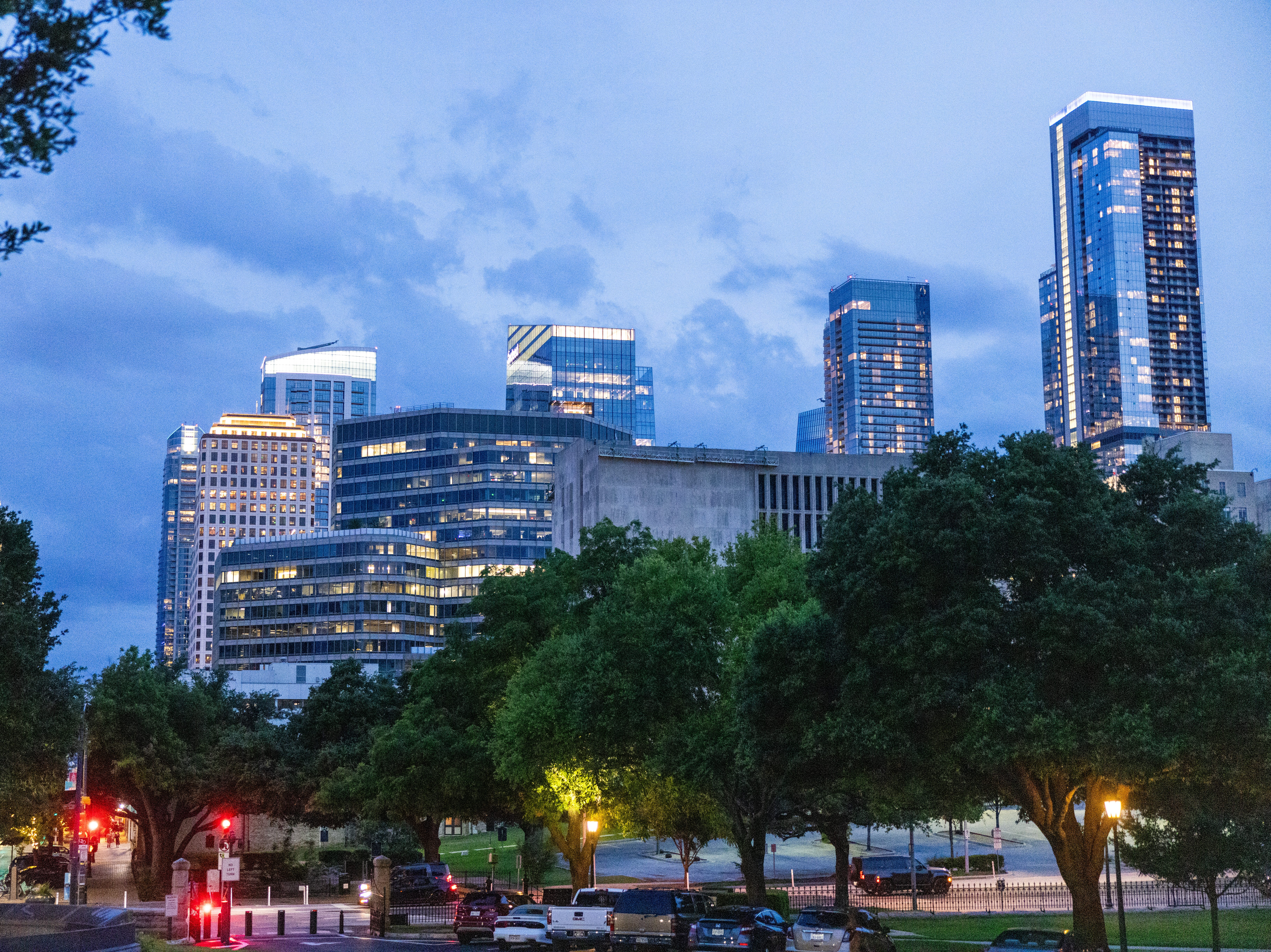 A photo of Austin's downtown area at night.