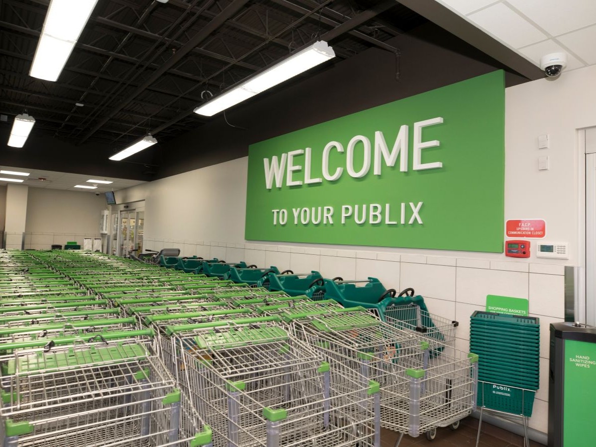 Interior shot of a Publix store, in the area where shopping carts are stored