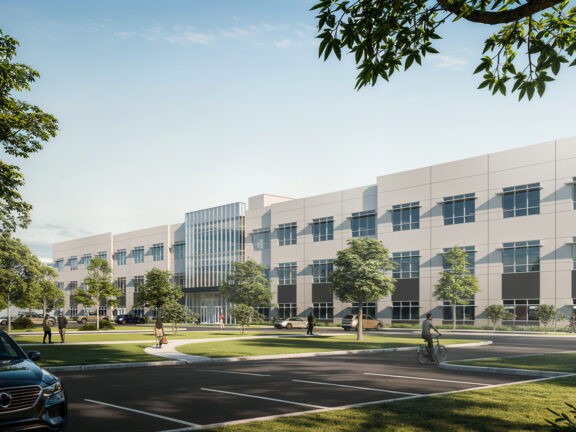 Exterior rendering of 3600 Breakthrough Loop, a life science project in Austin, Texas.
