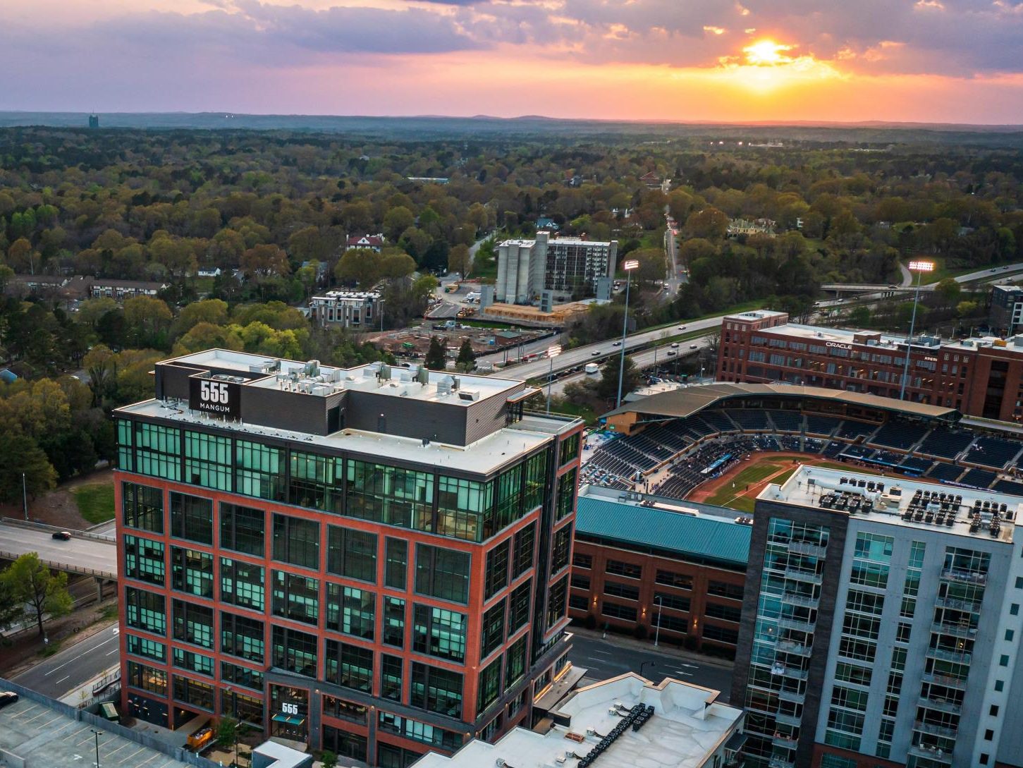 Aerial shot of 555 Mangum, a 234,000-square-foot office building in downtown Durham.