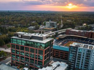 Aerial shot of 555 Mangum, a 234,000-square-foot office building in downtown Durham.