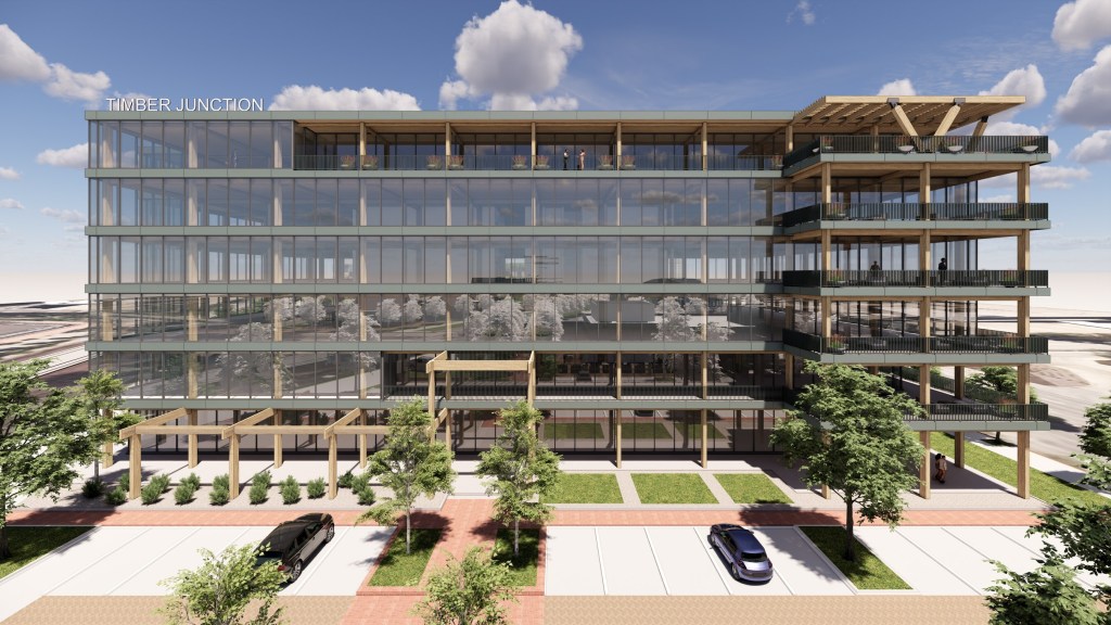 A rendering of the mass timber office building at Addison Junction