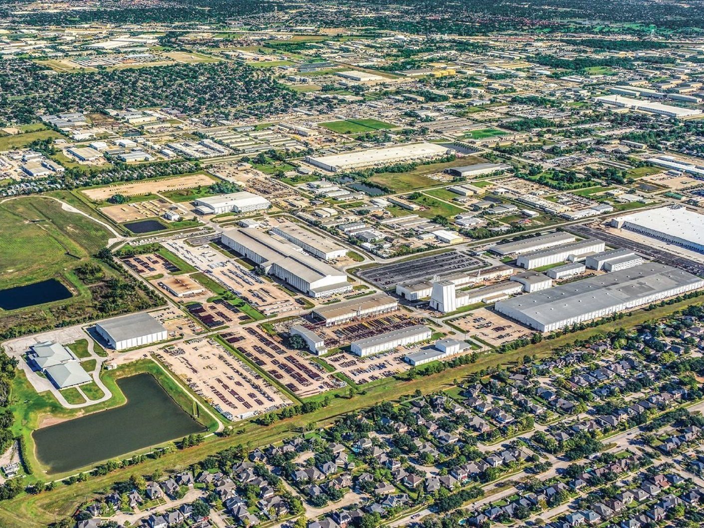 Aerial shot of a 16-building manufacturing campus in Northern Houston