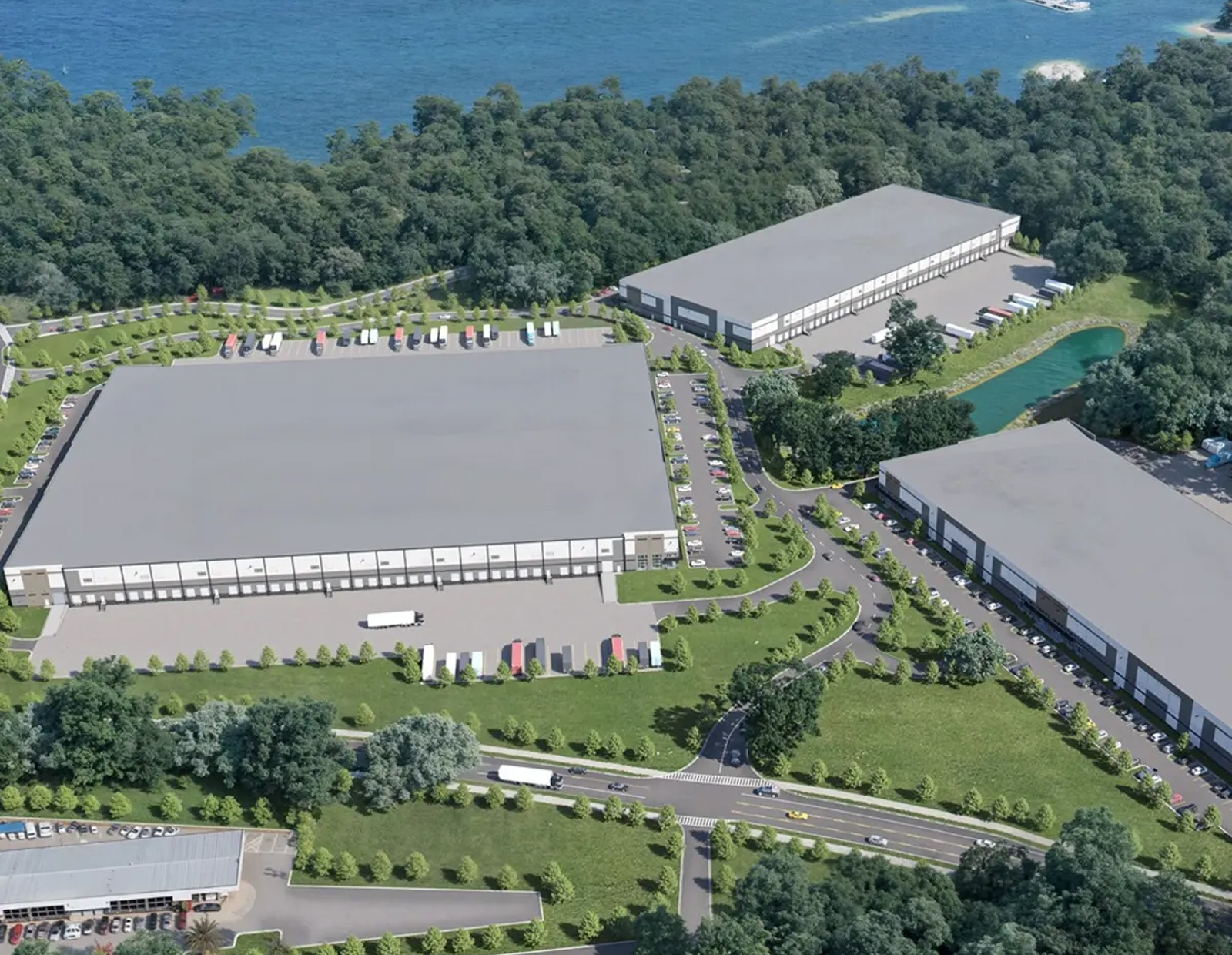 A rendering of Buford Creek Business Center, a three-building industrial development outside of Atlanta, Georgia.