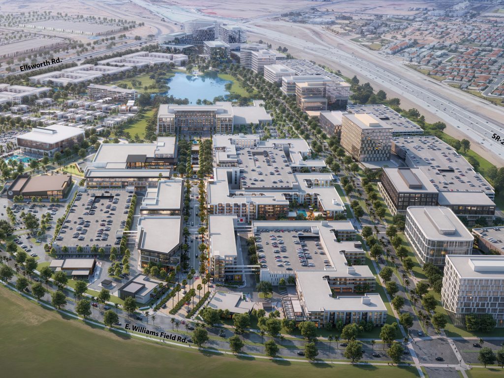 Image rendering of Legacy Park, a mixed-use project in Mesa, Ariz.