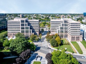 Exterior shot of Stamford Towers, an office campus in Stamford, Conn.