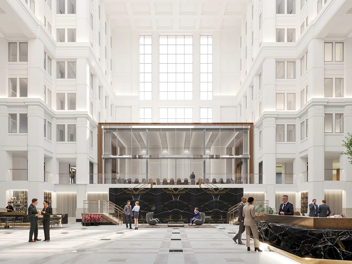 A rendering of the atrium of The Homer Building, a trophy-class office building in downtown Washington, D.C.