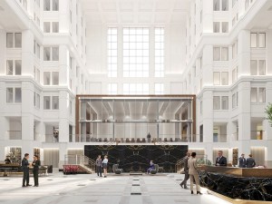 A rendering of the atrium of The Homer Building, a trophy-class office building in downtown Washington, D.C.