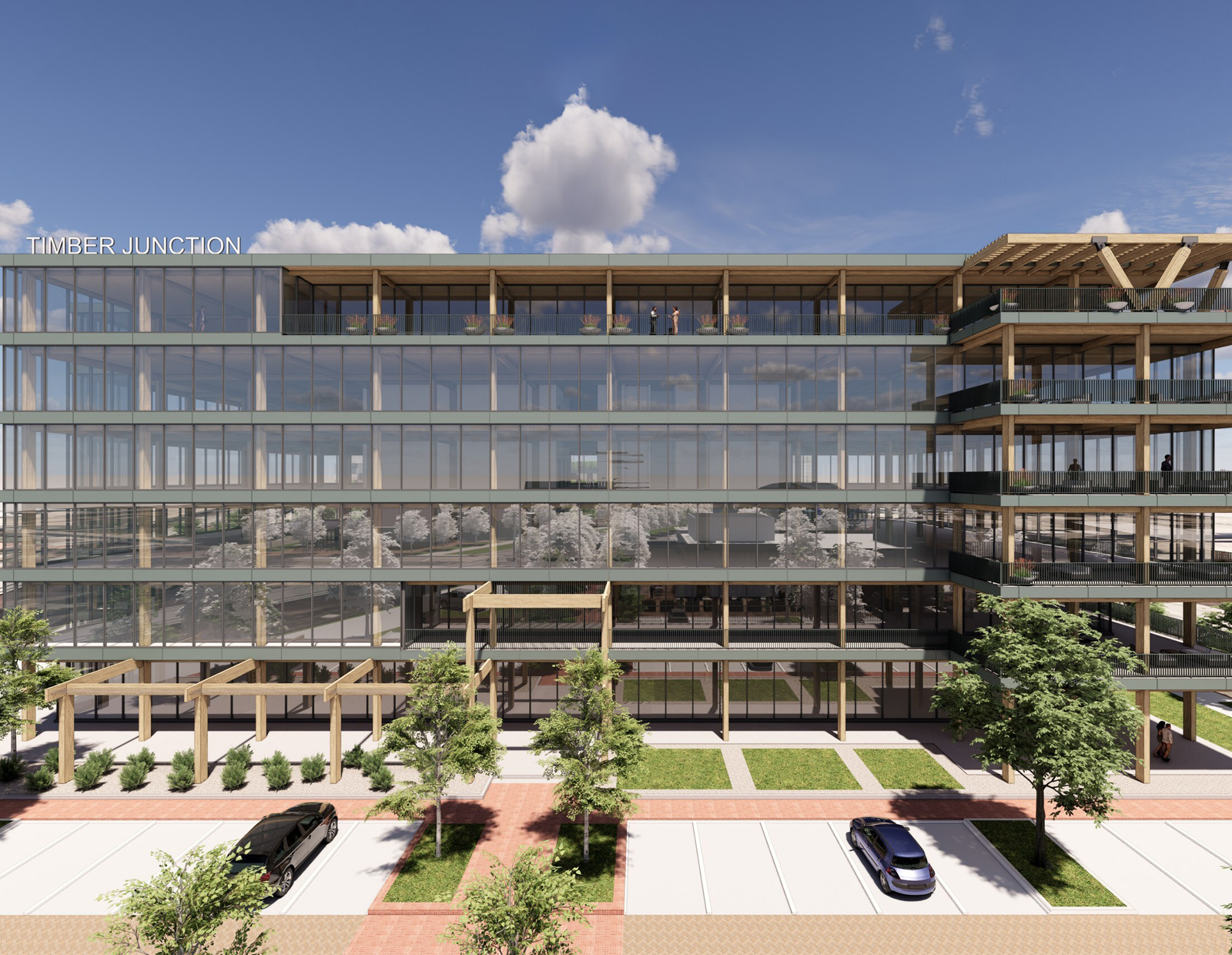 A rendering of the mass timber office building at Addison Junction.