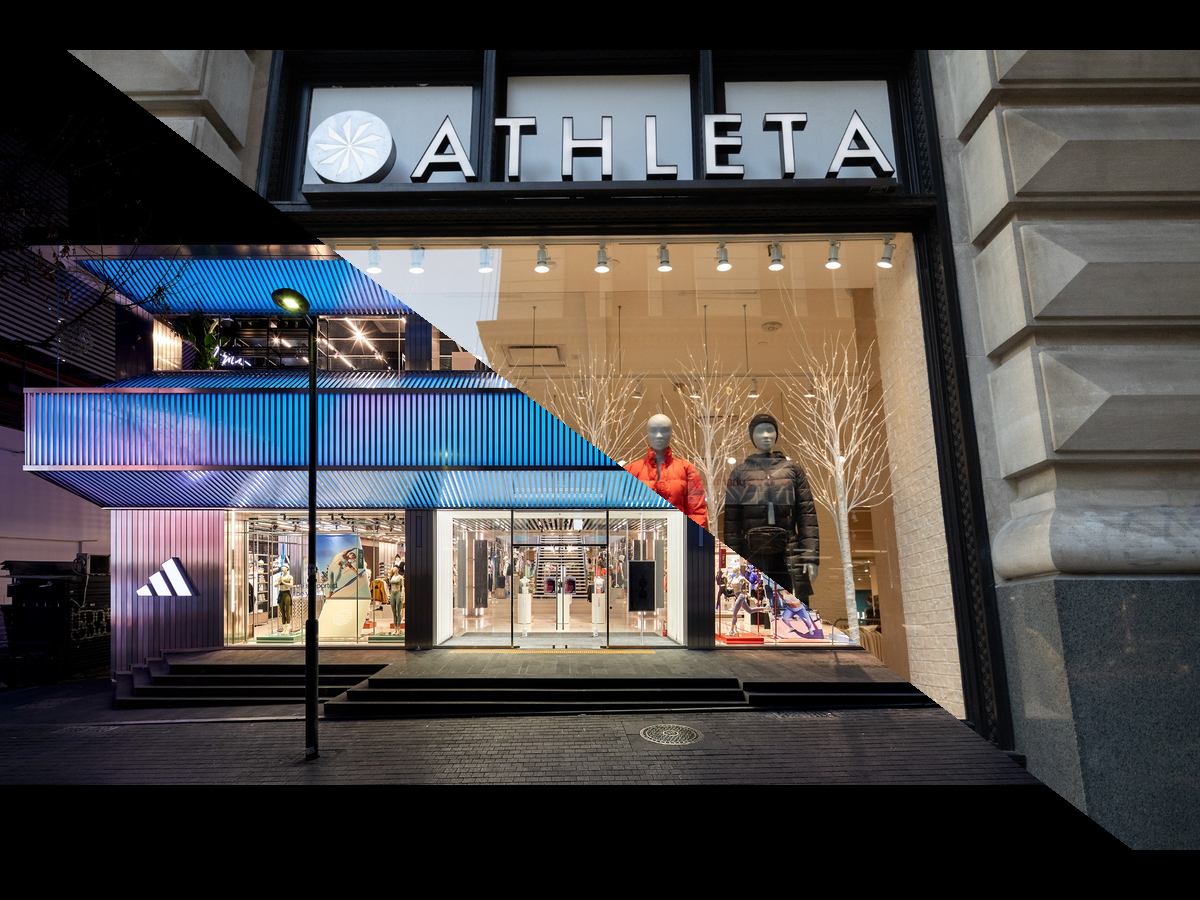Exterior shot depicting the store front of an Adidas and an Athleta store.