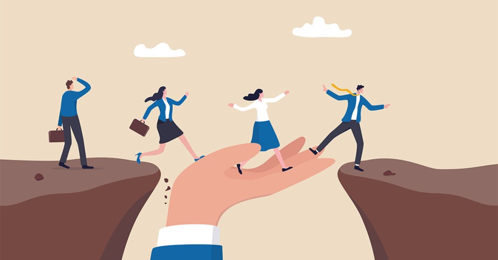 Support of help to solve problem, manager mentorship or coaching to help team success, leadership to guide employee to achieve goal concept, giant hand help business people cross the problem gap.