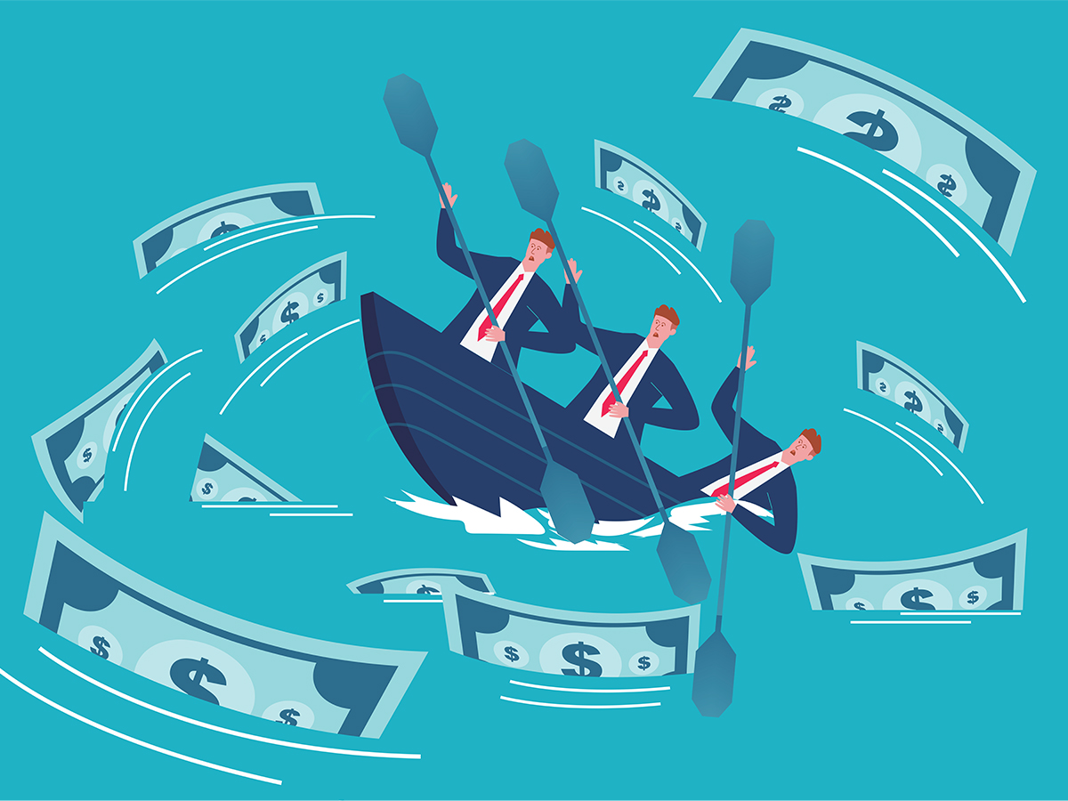 graphic of three business men on a boat surrounded by money in the water