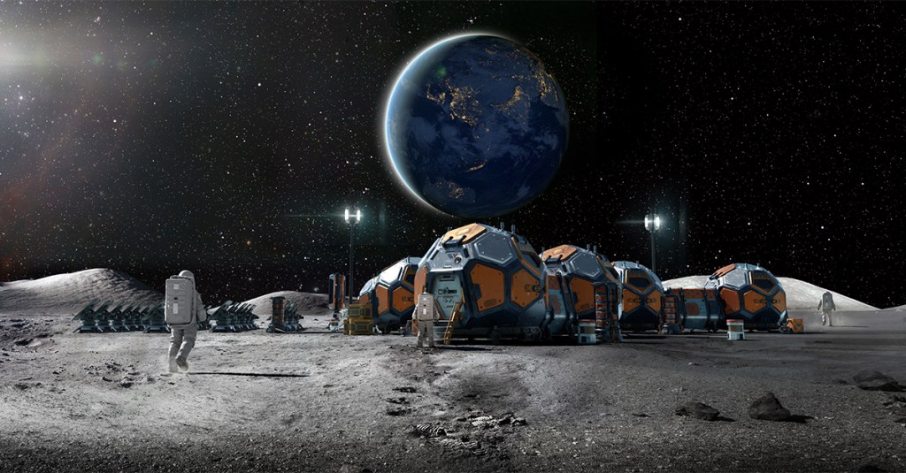 Rear view of an astronaut near some foreground rocks walking towards a lunar base camp made from group of linked habitation pods, solar panels and equipment.