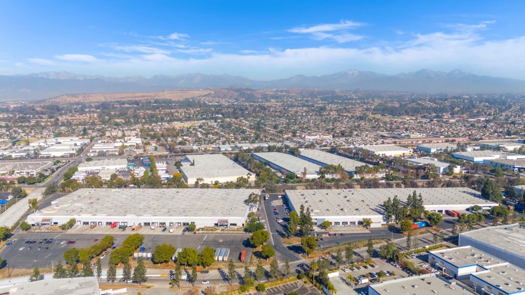 Aerial view of the two industrial buildings at 18305 and 18501 San Jose Ave.