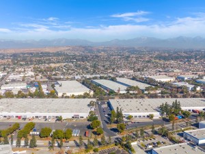 Aerial view of the two industrial buildings at 18305 and 18501 San Jose Ave.