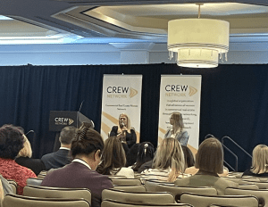 Speakers Nancy Novak and Kathleen Kauth on their discuss of data center development at CREW Network conference in Austin, Texas.