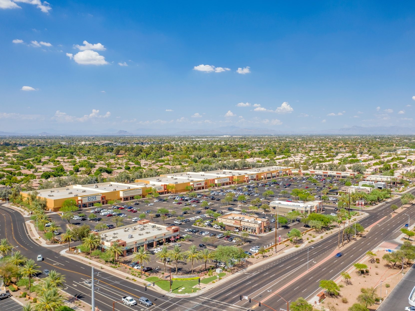 Aerial shot of Chandler Festival, a 14-building, 354,548-square-foot retail center in Chandler, Ariz.