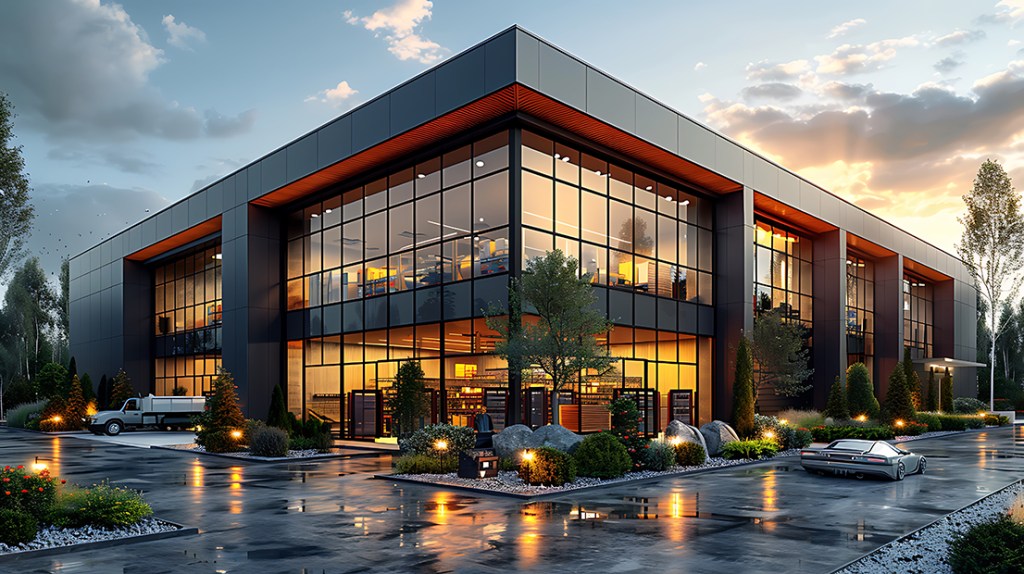 Photo of light industrial property at dusk. Building building with red trim.