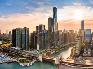 A panoramic photo of Chicago's skyline at sunset..