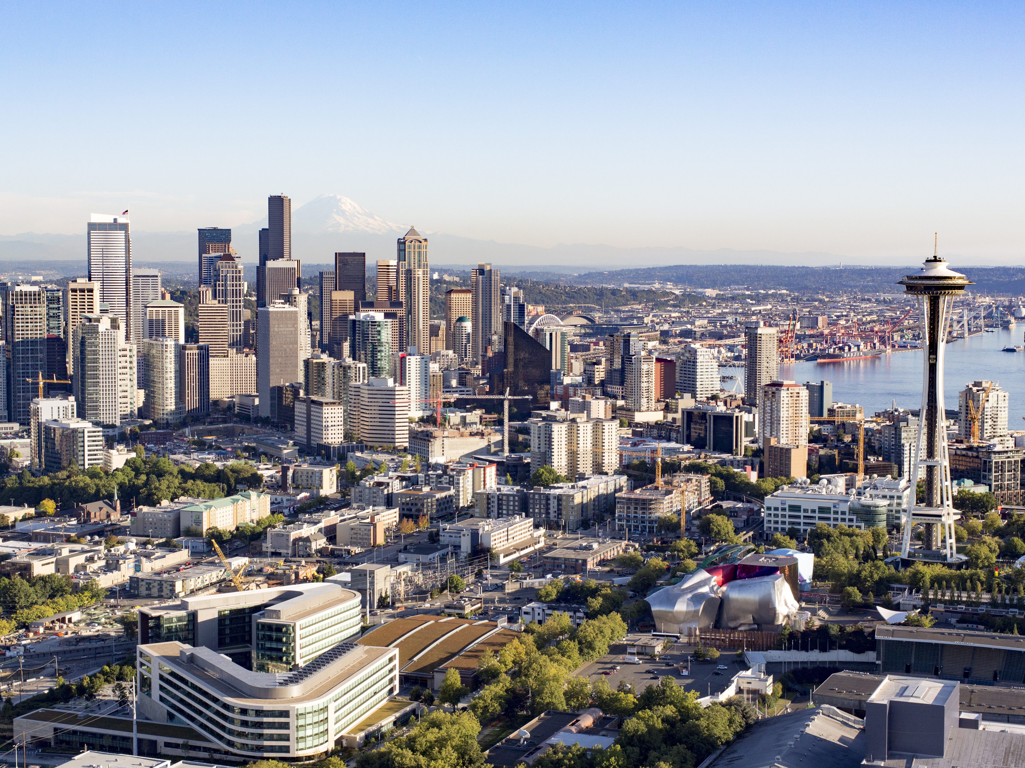 An aerial photo of Seattle's downtown skyline.
