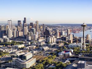 An aerial photo of Seattle's downtown skyline.