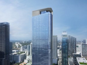 Exterior shot featuring the 55-story office tower at 830 Brickell Plaza in Miami.