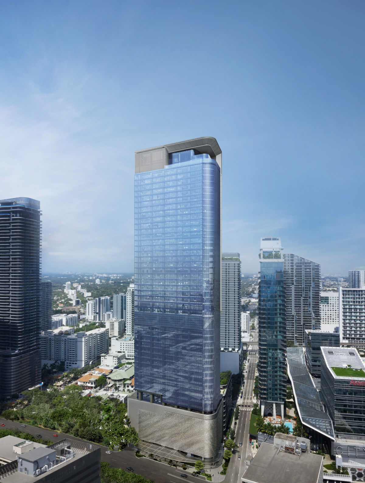 Exterior shot featuring the 55-story office tower at 830 Brickell Plaza in Miami.