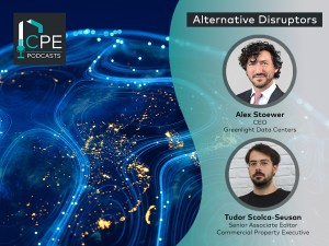 An image depicting the podcast series name, Alternative Disruptors, along with two headshots of the host and guest. The background image is an abstract depiction of a city, seen from high altitude at night.