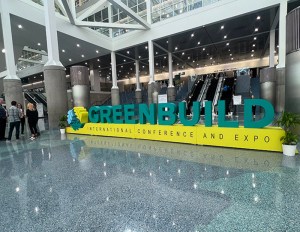 Large Greenbuild logo in lobby of LA Convention Center