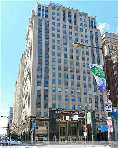 Exterior shot of One Penn Center, an office building in Philadelphia.