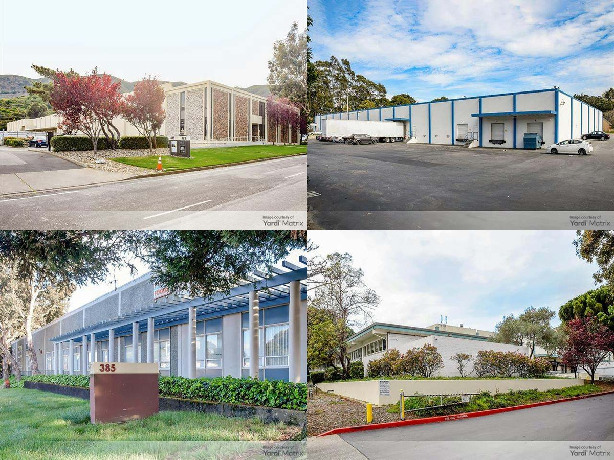 Outside shots depicting four of the 11 properties Prologis acquired within the Crocker Industrial Park in Brisbane, Calif.
