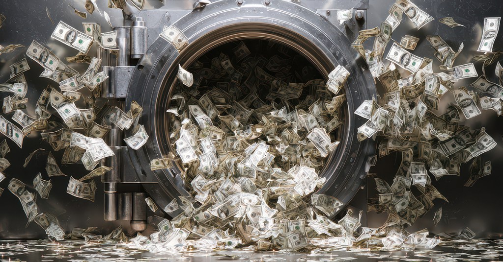 Bank vault explosion with dollar bills spilling out in a dramatic way