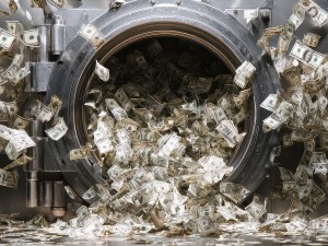 Bank vault explosion with dollar bills spilling out in a dramatic way
