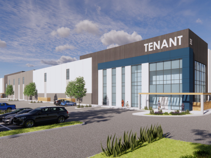 An early outside rendering of the Raceway Industrial building in Carlsbad, Calif.