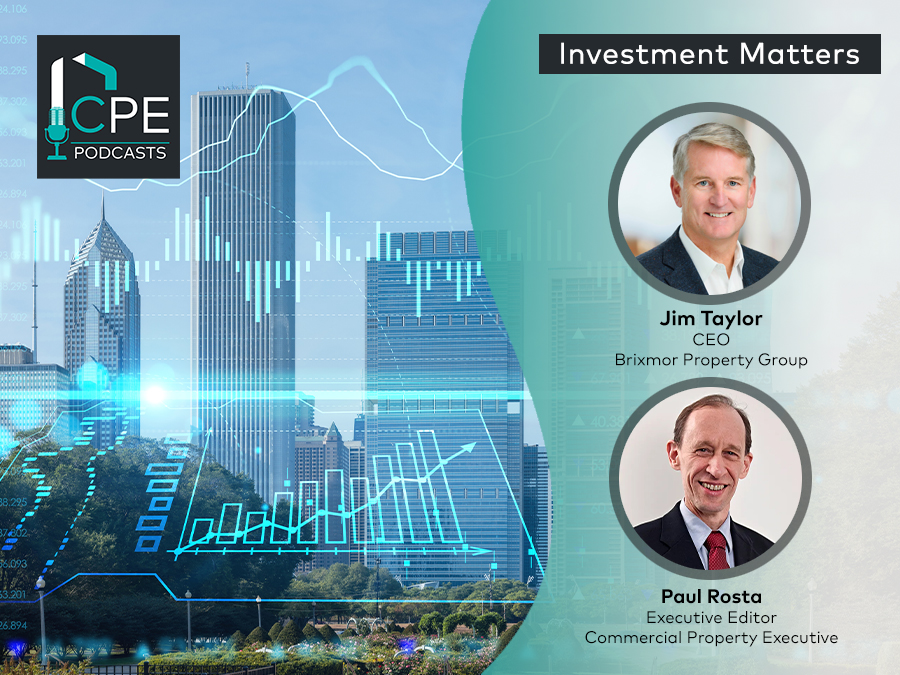 Artistic image of city skyline on left with framed photos of Brixmor CEO Jim Taylor and CPE's Paul Rosta