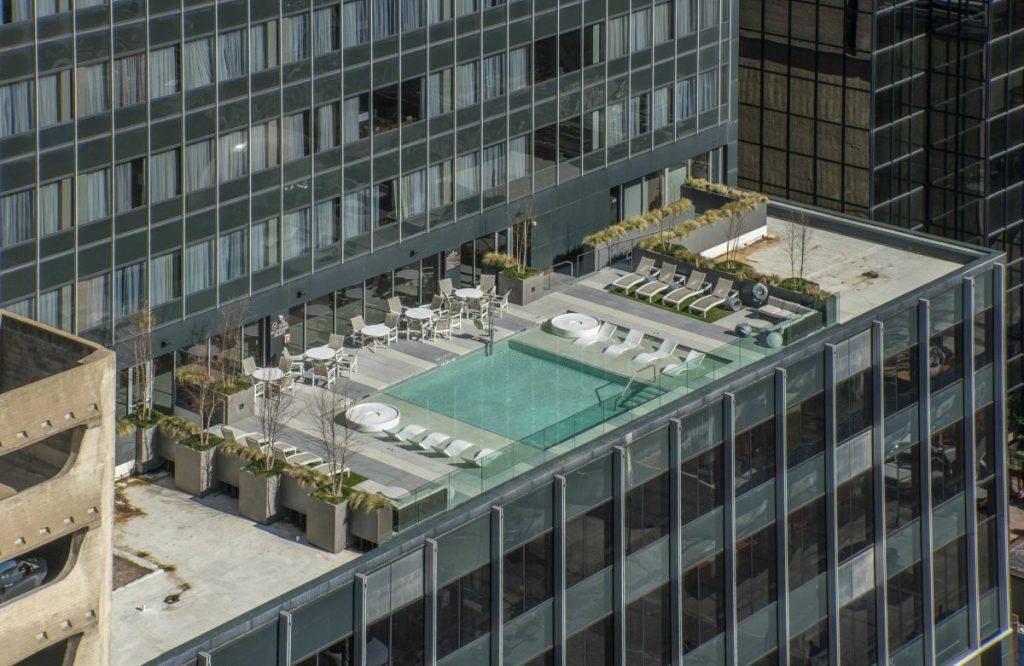 aerial image of the LVT Tower's rooftop pool and amenity deck