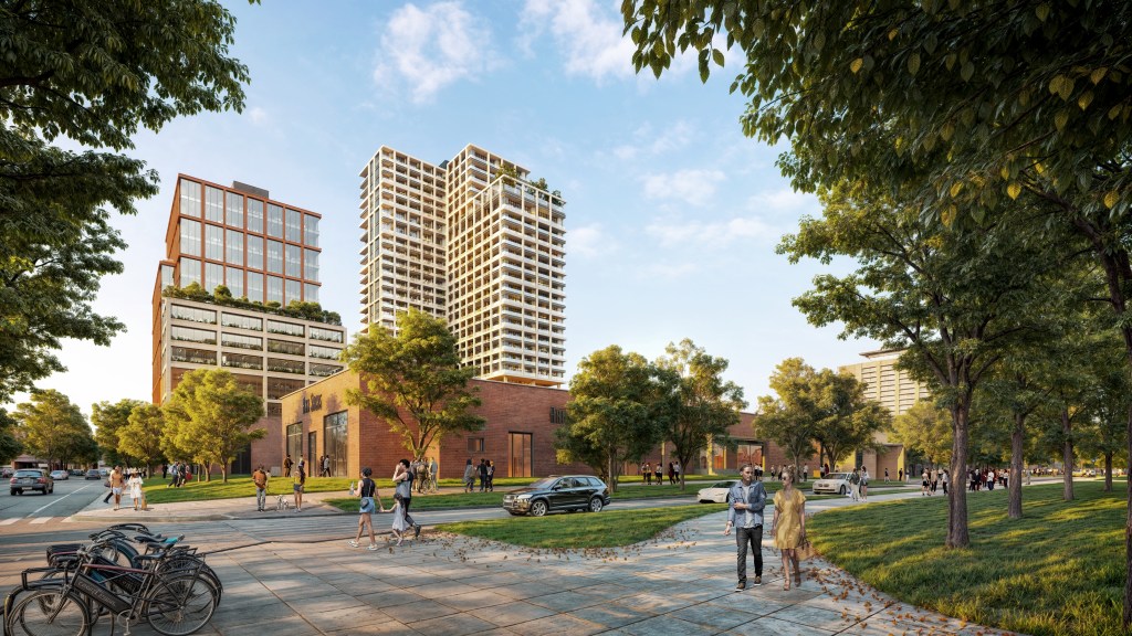 Rendering of McCourt Partners' office tower at Hi Line Square, Dallas, 186,000 square feet of modern workspace with hospitality-style amenities.