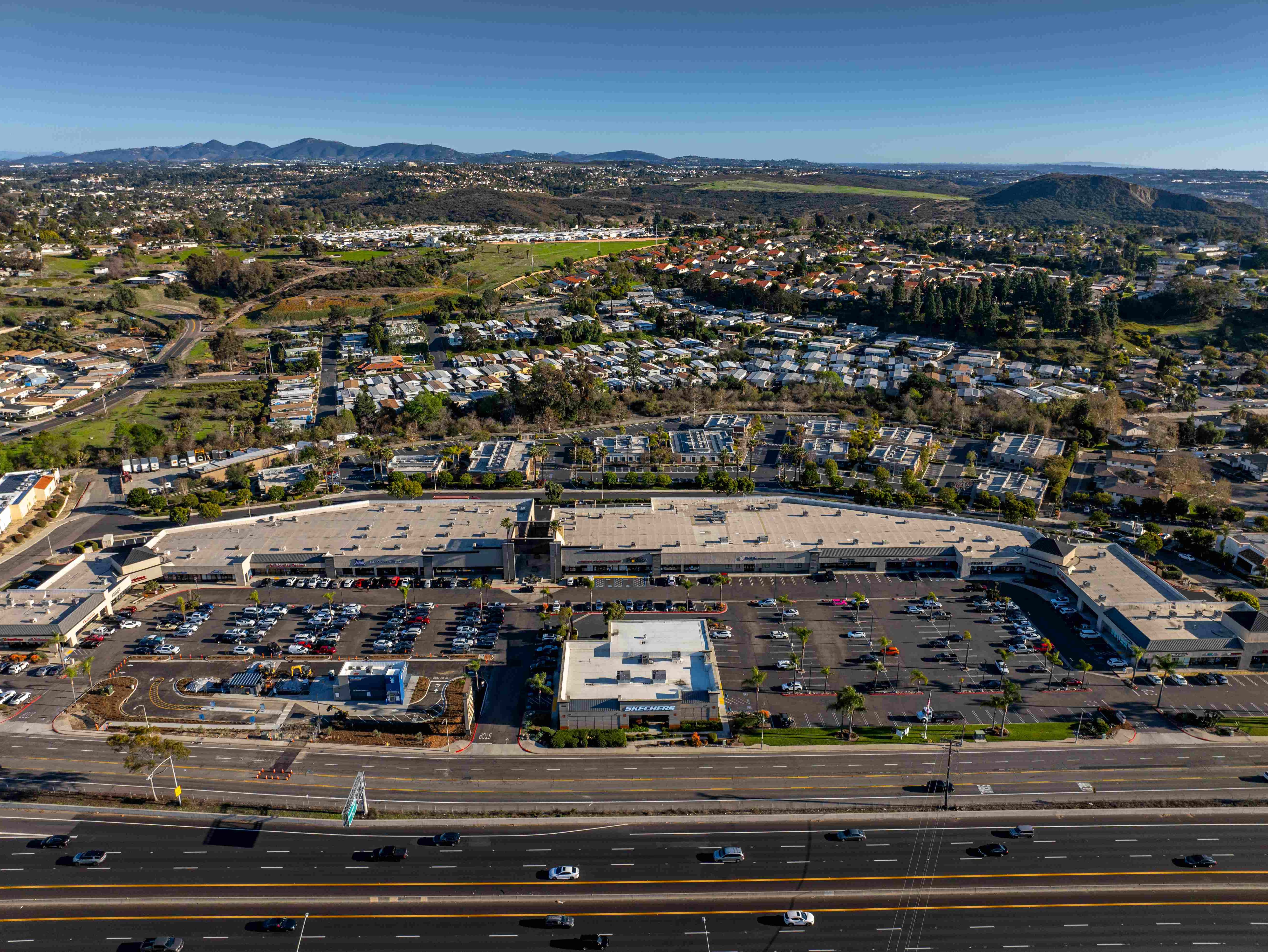 Aerial shot of Pavilion Shopping Center, a 138,000-square-foot retail center in Vista, Calif.