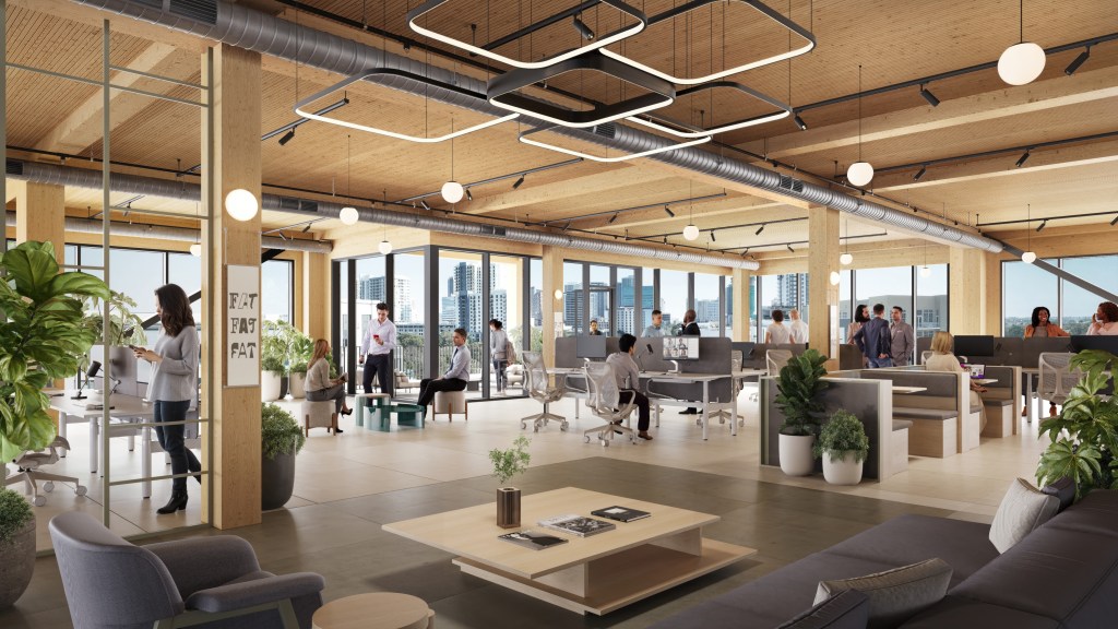 Interior rendering of T3 FAT Village in Fort Lauderdale, a mass timber office development.