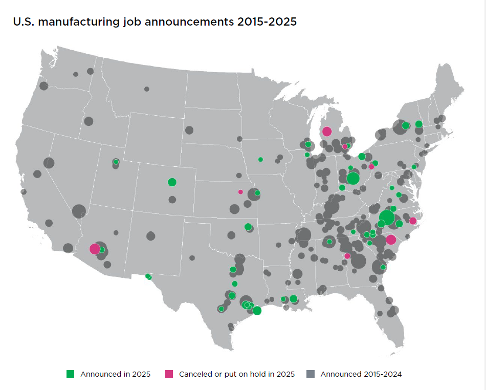 Map showing U.S. manufacturing job announcements 2015-2025