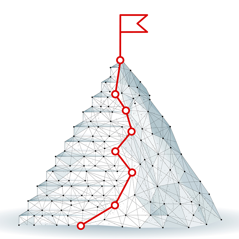 Digital mountain and ladder. Tech goal chart, leadership path, digital technology success, startup achieve, career ladder, business plan, achievement symbol, mission vision, achieve concept