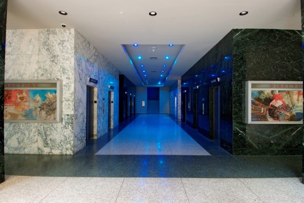 an image of the renovated lobby at The Mosaic