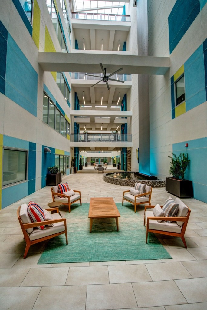 the multi-story atrium at the Mayflower building