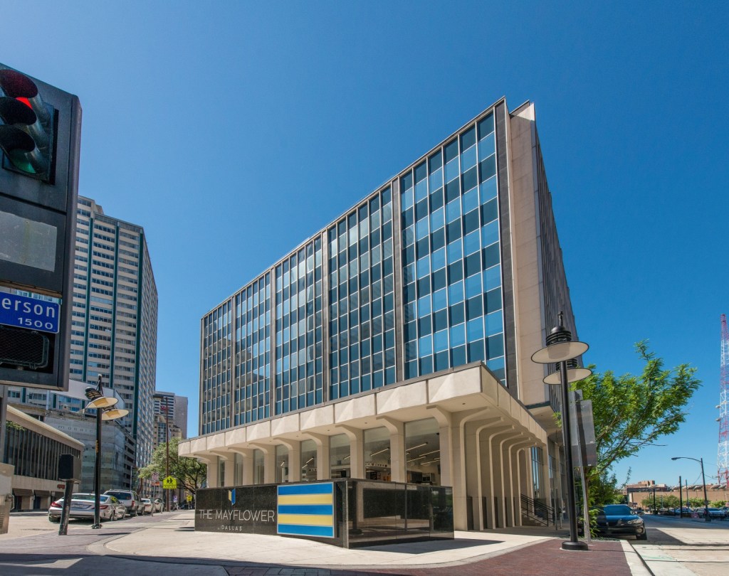 an outside view of the Mayflower building in Dallas