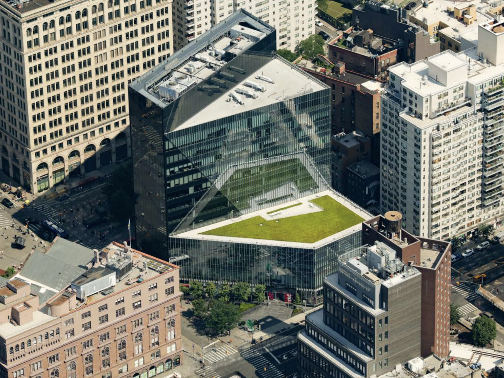 Aerial shot of 51 Astor Place, a 386,000-square-foot office building in Manhattan's NoHo neighborhood.