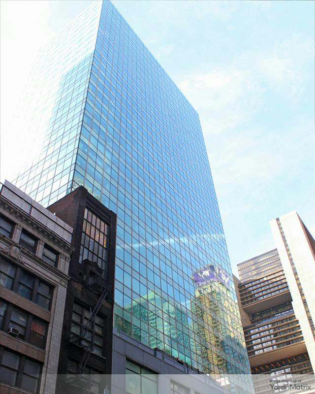 Exterior shot of the office property at 1540 Broadway in Manhattan, N.Y. Apollo Global Management issued a $358 million loan backed by the asset in January 2026.