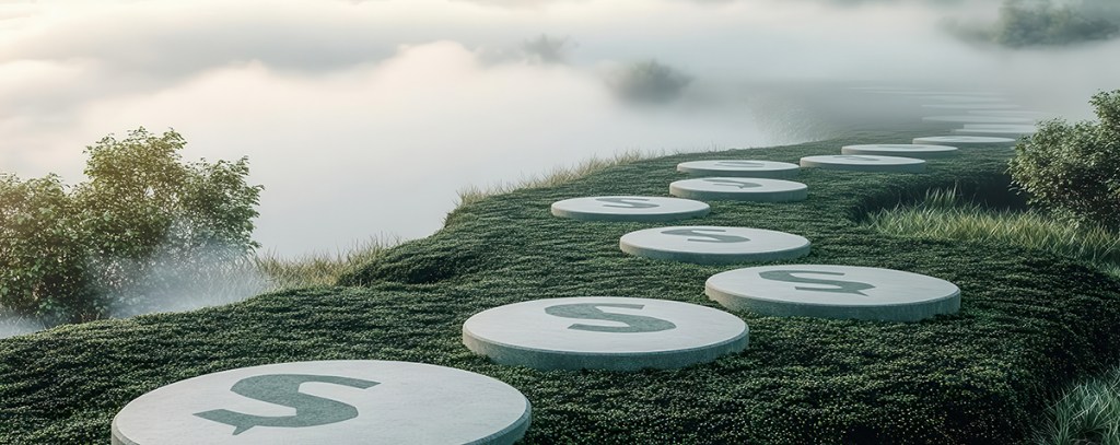 A pathway of stepping stones shaped like stock symbols, guiding through a foggy market landscape