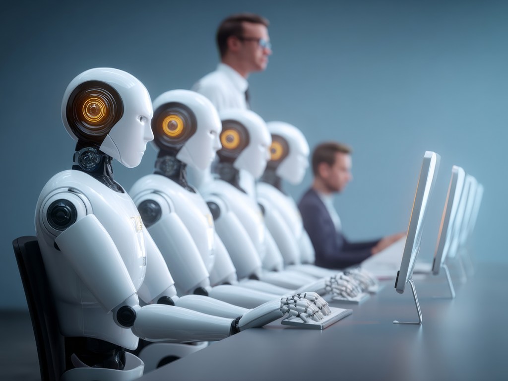 a manager is standing behind a row of AI robot workers sitting in front of their computer, supervising them in doing their work