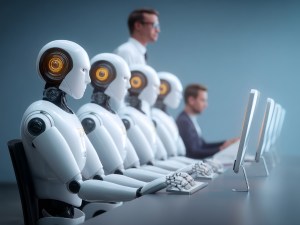 a manager is standing behind a row of AI robot workers sitting in front of their computer, supervising them in doing their work